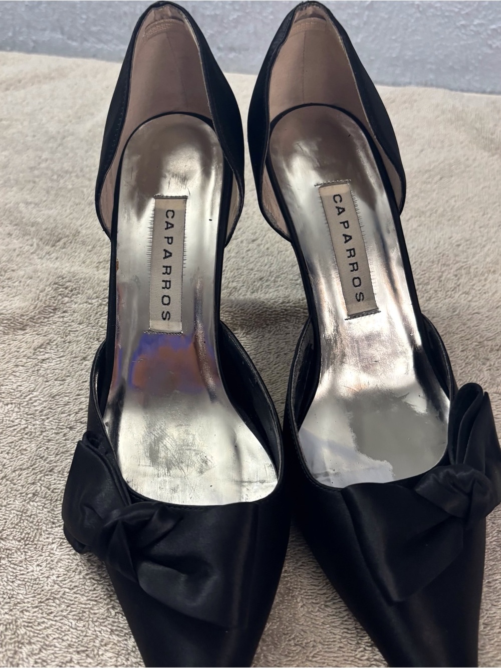 Caparros Black Satin D'Orsay Pointed-Toe Pumps with Bow SZ 9 B Leather Sole
